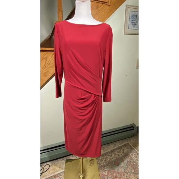Ralph Lauren Womens Sz 12 3/4 Sleeve Midi Dress Side Ruching Red Holiday Party - Picture 1 of 11